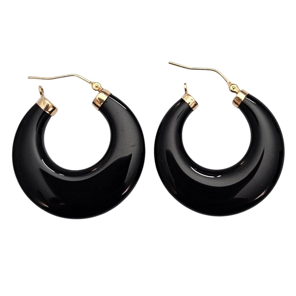 14k Yellow Gold Black Onyx Hoop Earrings